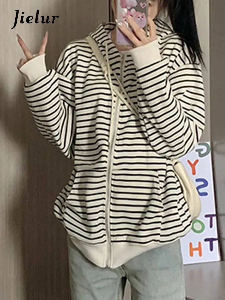 American Striped Spell Color Female Sweatshirts Chic Loose Streetwear Casual Zip-up Fashion O-neck Basic Women's Hoodies