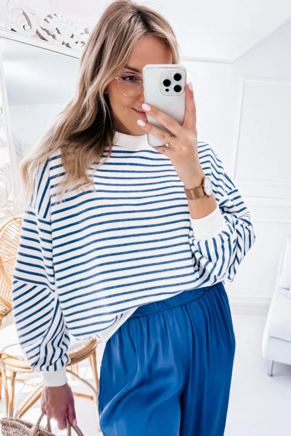 Blue Stripe Drop Shoulder Crew Neck Loose Sweatshirt