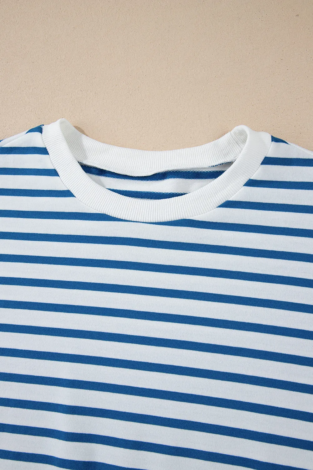 Blue Stripe Drop Shoulder Crew Neck Loose Sweatshirt