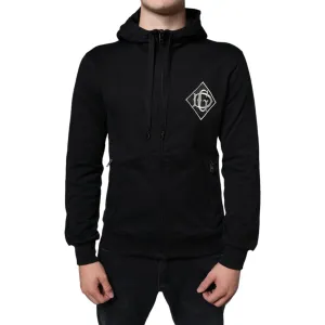 Dolce & Gabbana Black Cotton Hooded Logo Full Zip Sweater