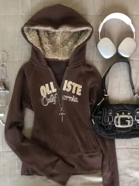 Original coffee color letter plus velvet hooded sweatshirt